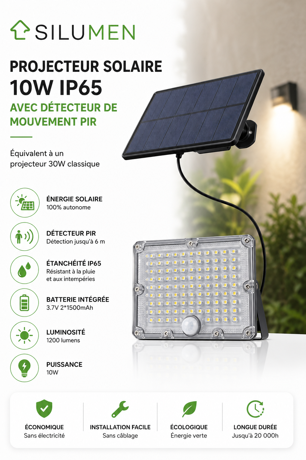 Projecteur LED solaire 10W avec détecteur de mouvement